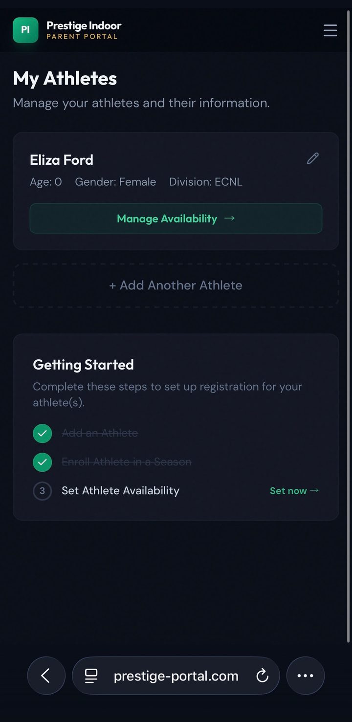 My Athletes screen showing an athlete card and a Getting Started checklist