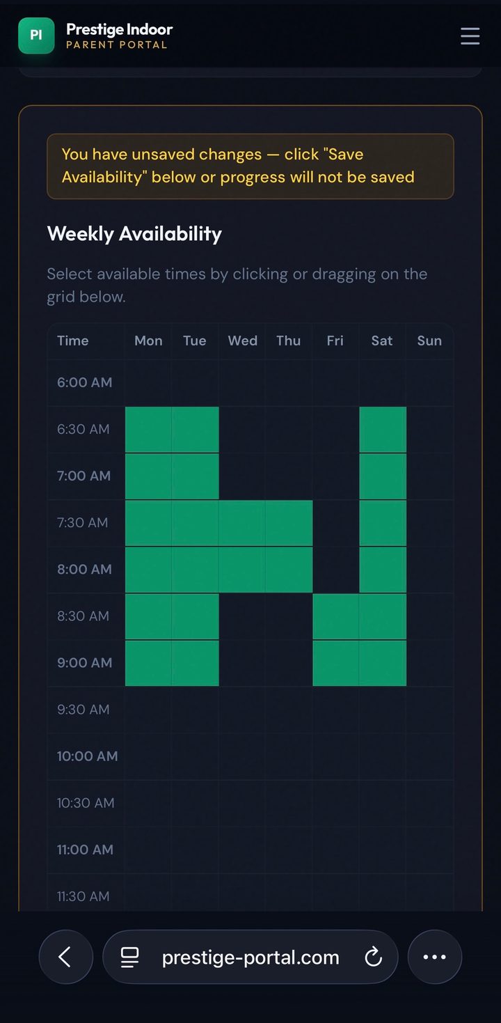 Weekly availability grid with green time blocks selected