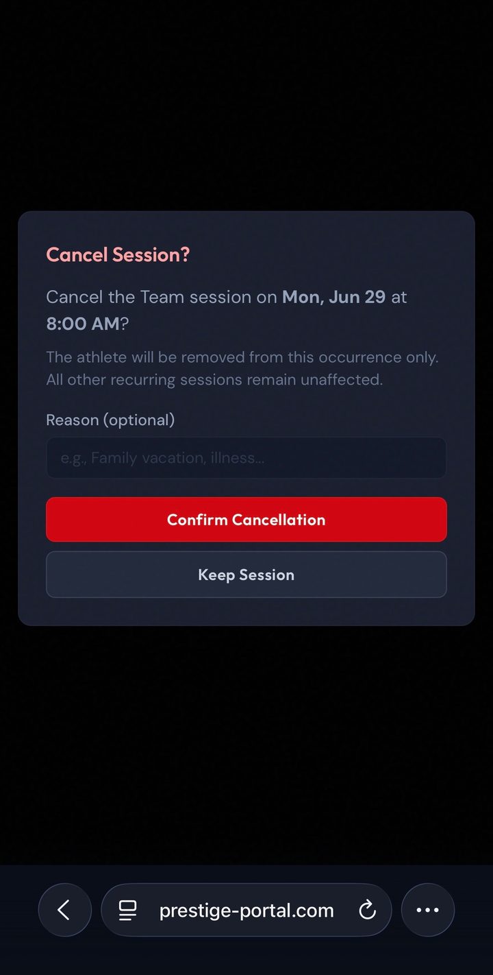 Cancel session confirmation dialog with a reason field