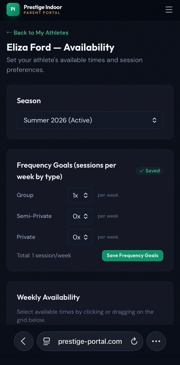 Frequency goals screen with sessions per week by type