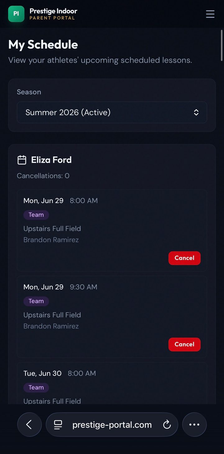 My Schedule screen listing upcoming sessions with details